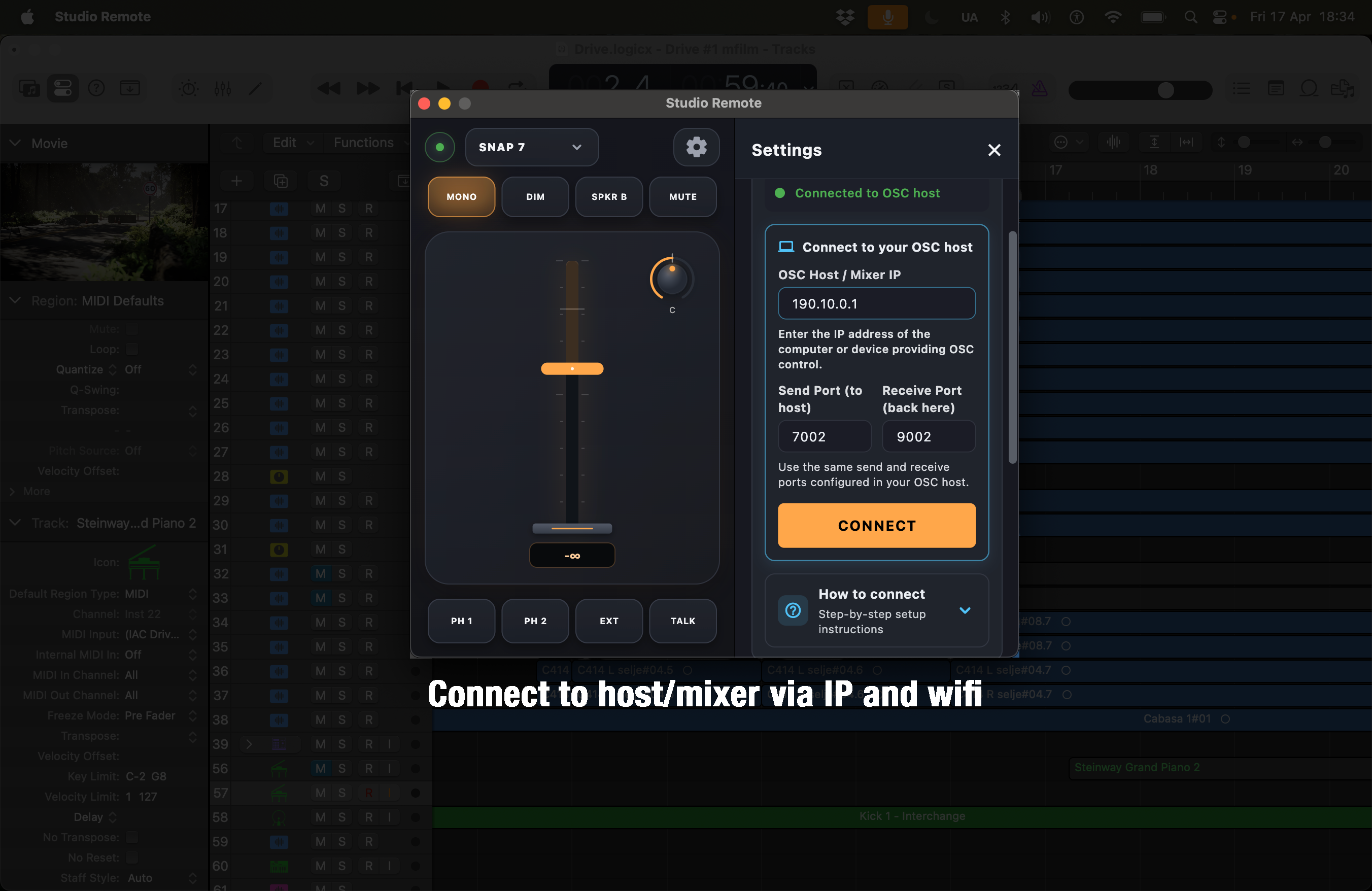 Studio OSC Remote macOS – Hovudvisning