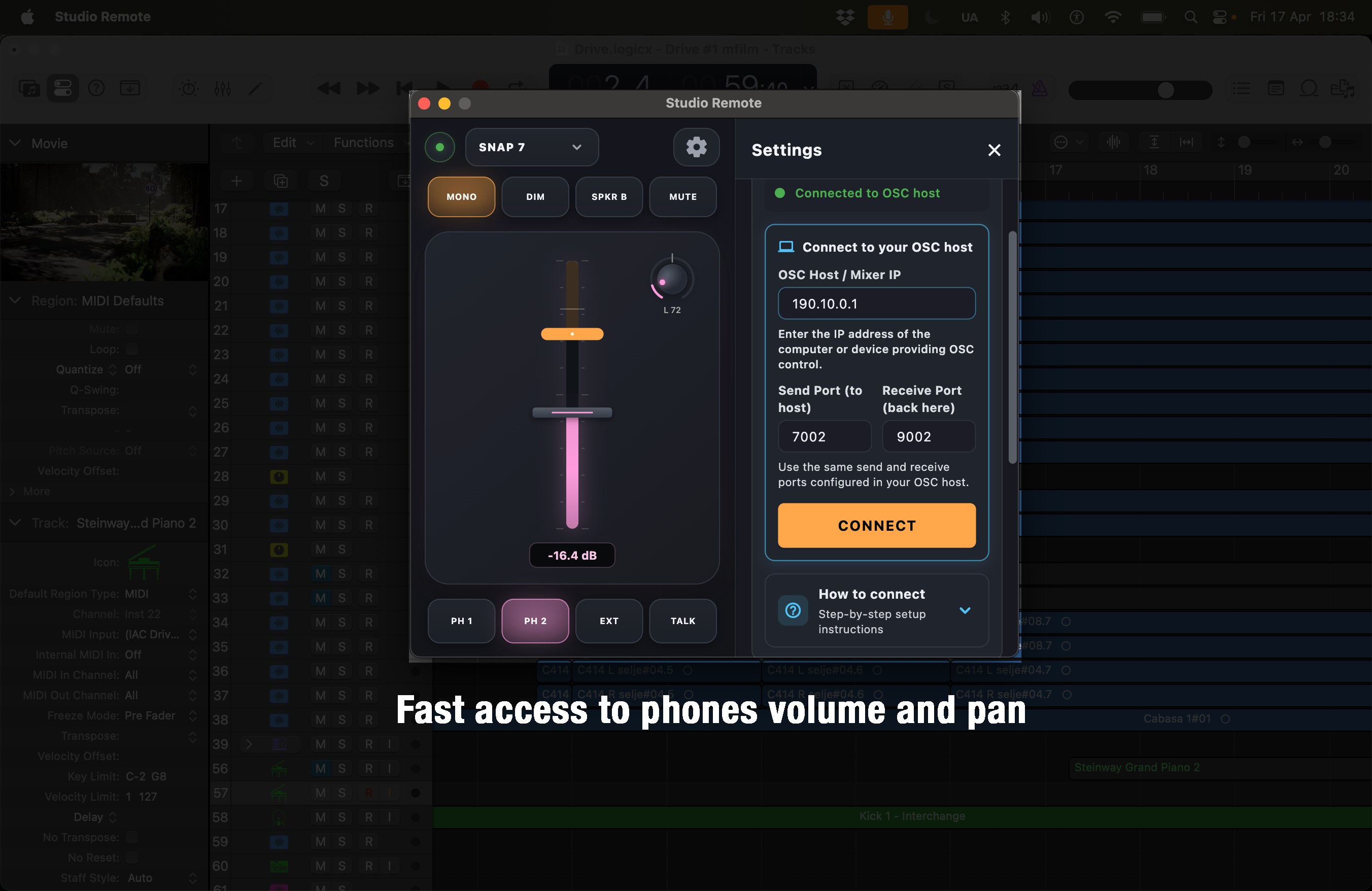 Studio OSC Remote macOS – Hovudvisning med telefonoppsett